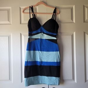 XOXO form fitting black blue mesh dress